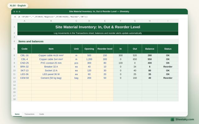 Site Material Inventory in Excel: In, Out, Balance & Reorder Level