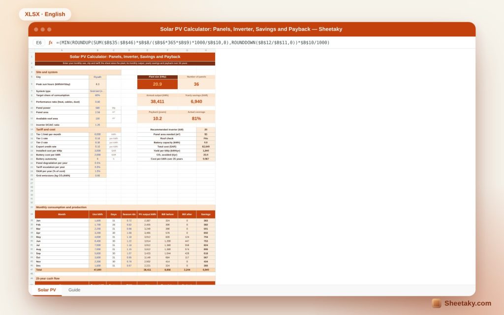 Solar PV Calculator in Excel: Panels, Inverter, Savings and Payback