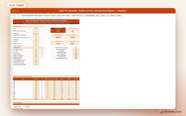 Solar PV Calculator in Excel: Panels, Inverter, Savings and Payback