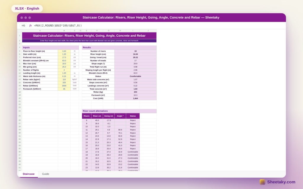 Staircase Calculator in Excel: Risers, Riser Height, Going, Angle and Concrete