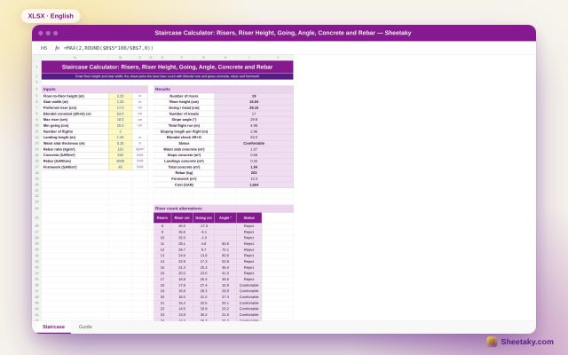 Staircase Calculator in Excel: Risers, Riser Height, Going, Angle and Concrete
