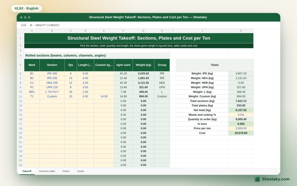 Structural Steel Weight Take-Off in Excel: IPE, HEA, HEB, UPN, Angles and Plates in Tonnes and Cost