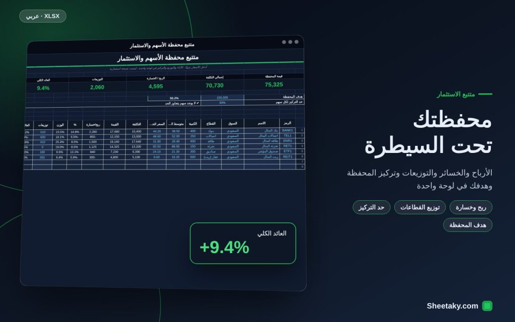 متتبع محفظة الأسهم والاستثمار في إكسل: الربح والخسارة والتوزيعات والتركيز وهدف المحفظة