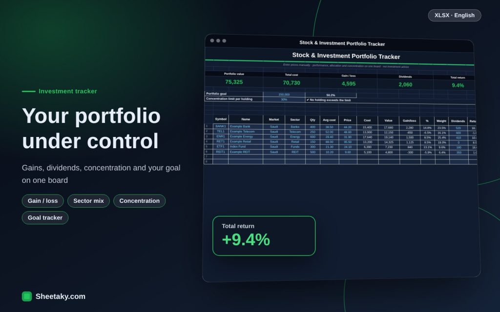 Stock and Investment Portfolio Tracker in Excel: Gain/Loss, Dividends, Concentration and Goal