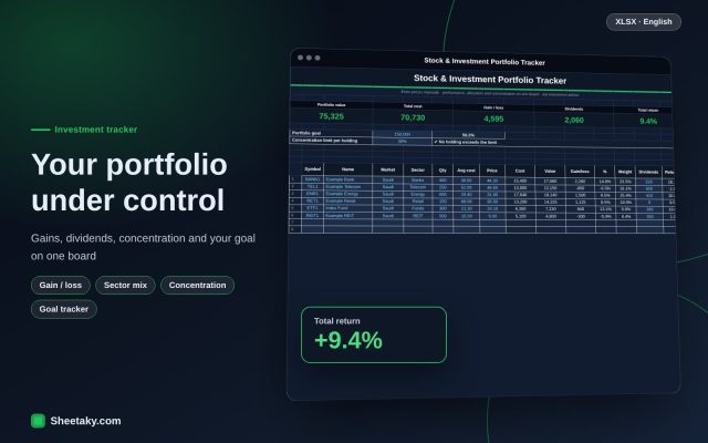 Stock and Investment Portfolio Tracker in Excel: Gain/Loss, Dividends, Concentration and Goal