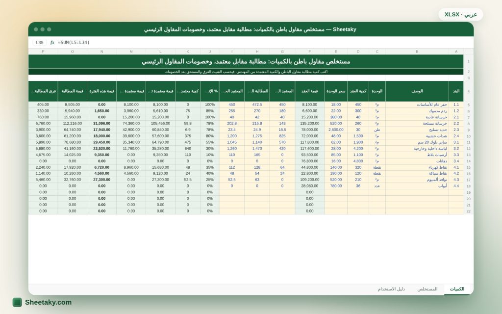 مستخلص المقاول الباطن في إكسل: الكميات المطالب بها والمعتمدة وخصومات المقاول الرئيسي والضمان