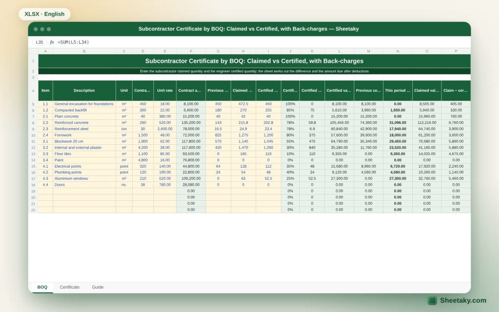 Subcontractor Payment Certificate in Excel: Claimed vs Certified Quantities, Back-Charges and Retention