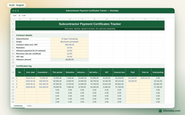 Subcontractor Payment Certificates Tracker in Excel: Retention, Advance and Payments