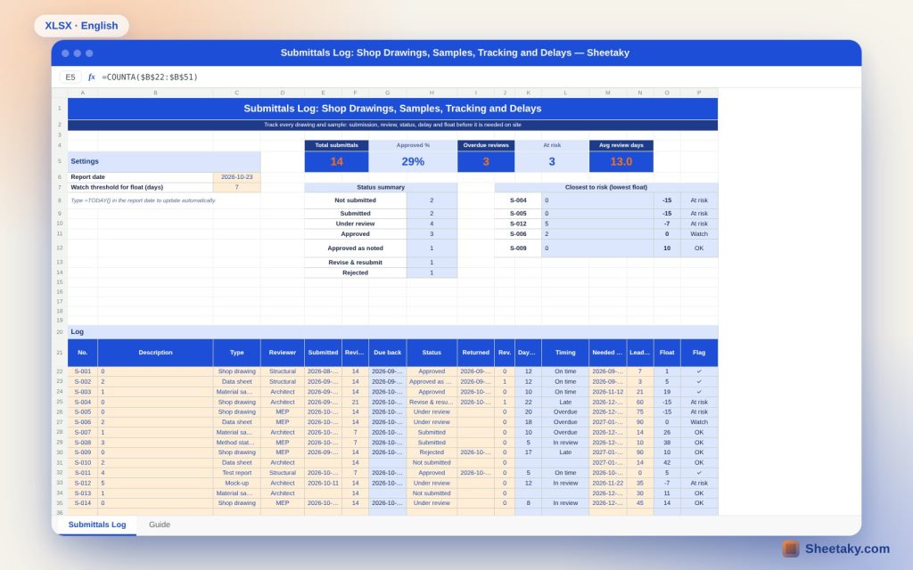 Submittals Log in Excel: Drawings, Samples, Delays and Float