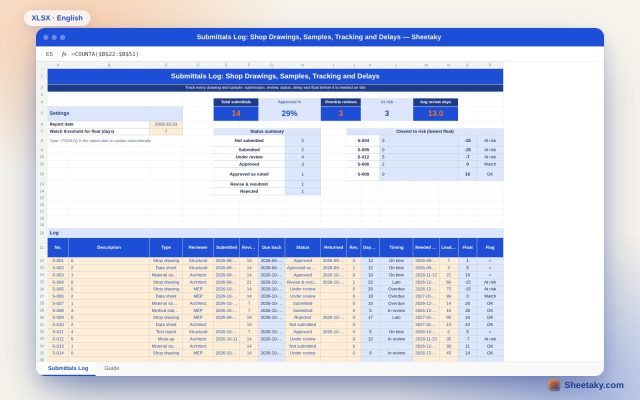 Submittals Log in Excel: Drawings, Samples, Delays and Float
