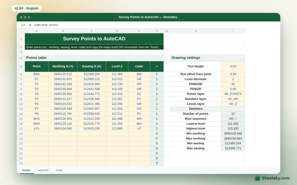Survey Points to AutoCAD in Excel: POINT Commands, Numbers, Levels and Codes