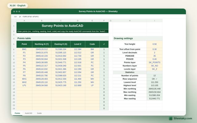 Survey Points to AutoCAD in Excel: POINT Commands, Numbers, Levels and Codes