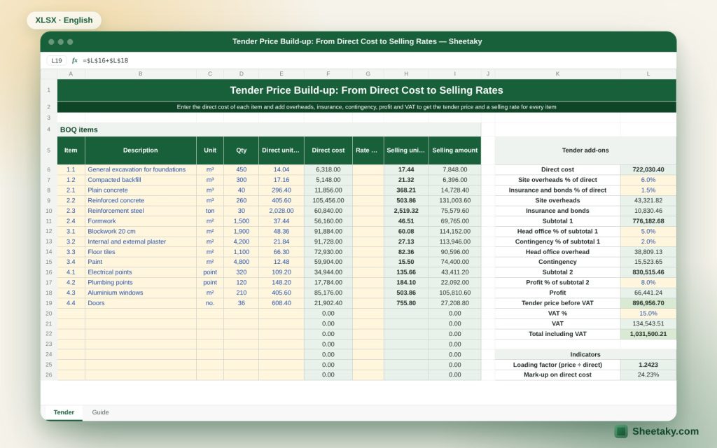 Tender Price Build-Up and BOQ Pricing in Excel: Direct Cost, Overheads, Profit and Unit Rate