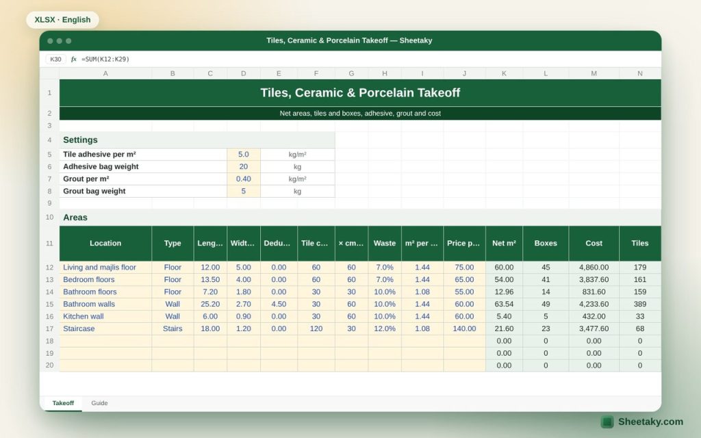 Tiles Takeoff Excel Sheet: Ceramic and Porcelain Boxes, Adhesive and Cost