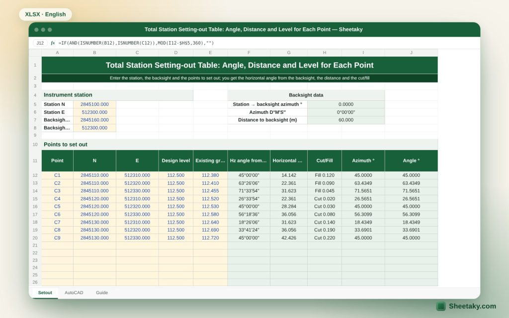 Total Station Setting-Out Table in Excel: Angle and Distance from the Backsight, with AutoCAD Commands