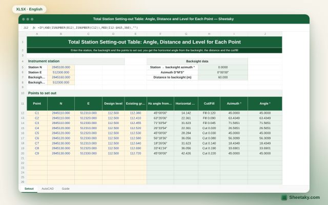 Total Station Setting-Out Table in Excel: Angle and Distance from the Backsight, with AutoCAD Commands
