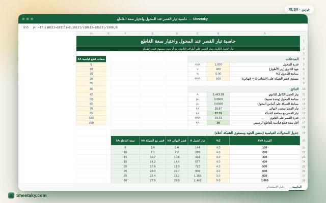 حاسبة تيار القصر للمحول واختيار سعة قطع القاطع الرئيسي بالإكسل