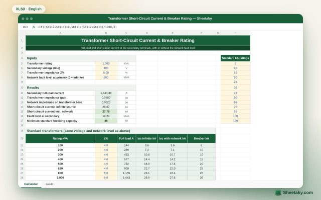 Transformer Short-Circuit Current & Breaker Rating Calculator in Excel