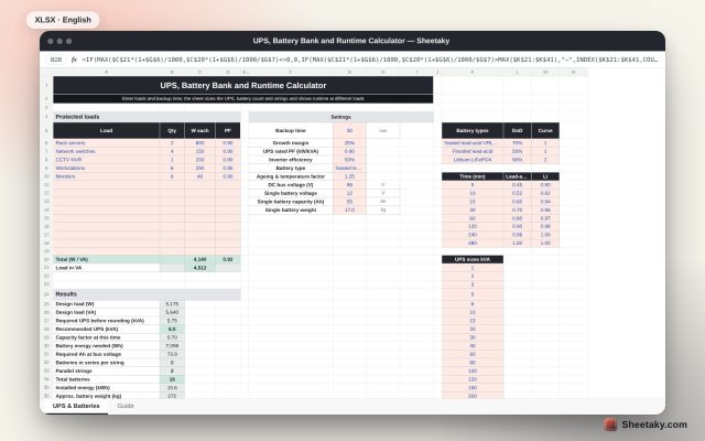 UPS, Battery Bank and Runtime Calculator in Excel