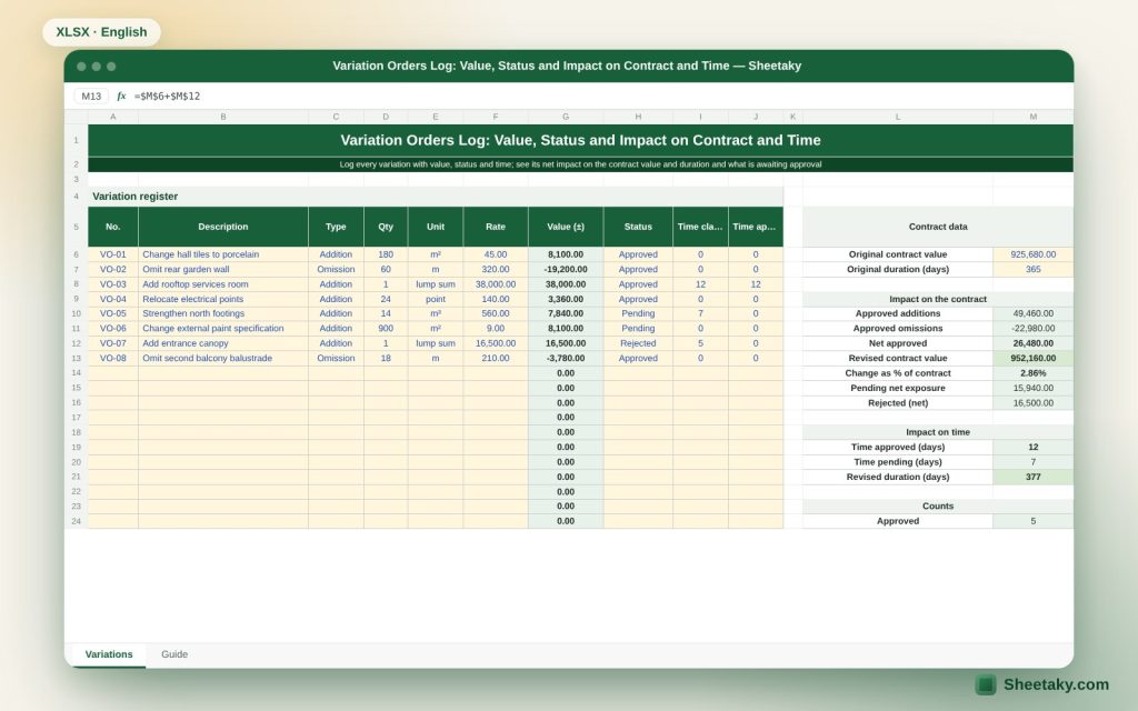 Variation Orders Log in Excel: Revised Contract Value, Time Extension and Approval Status