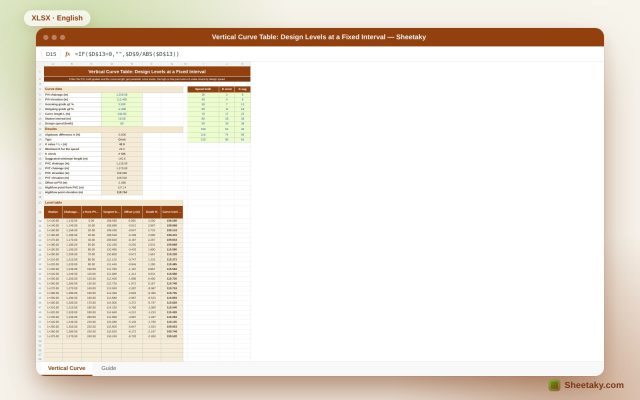 Vertical Curve Table in Excel: Design Levels, High Point and K-Value Check