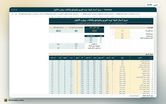 جدول أحمال الفيلا في إكسل: لوحة التوزيع والقواطع والكابلات وتوازن الأطوار
