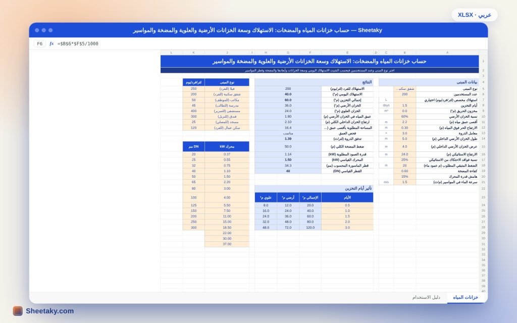 حاسبة خزانات المياه والمضخات في إكسل: الاستهلاك والسعة والأبعاد والمحرك