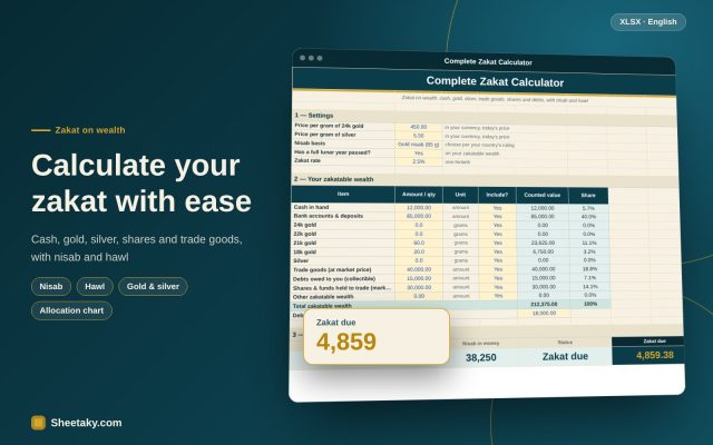 Zakat Calculator in Excel: Cash, Gold, Silver, Trade Goods and Shares with Nisab and Hawl